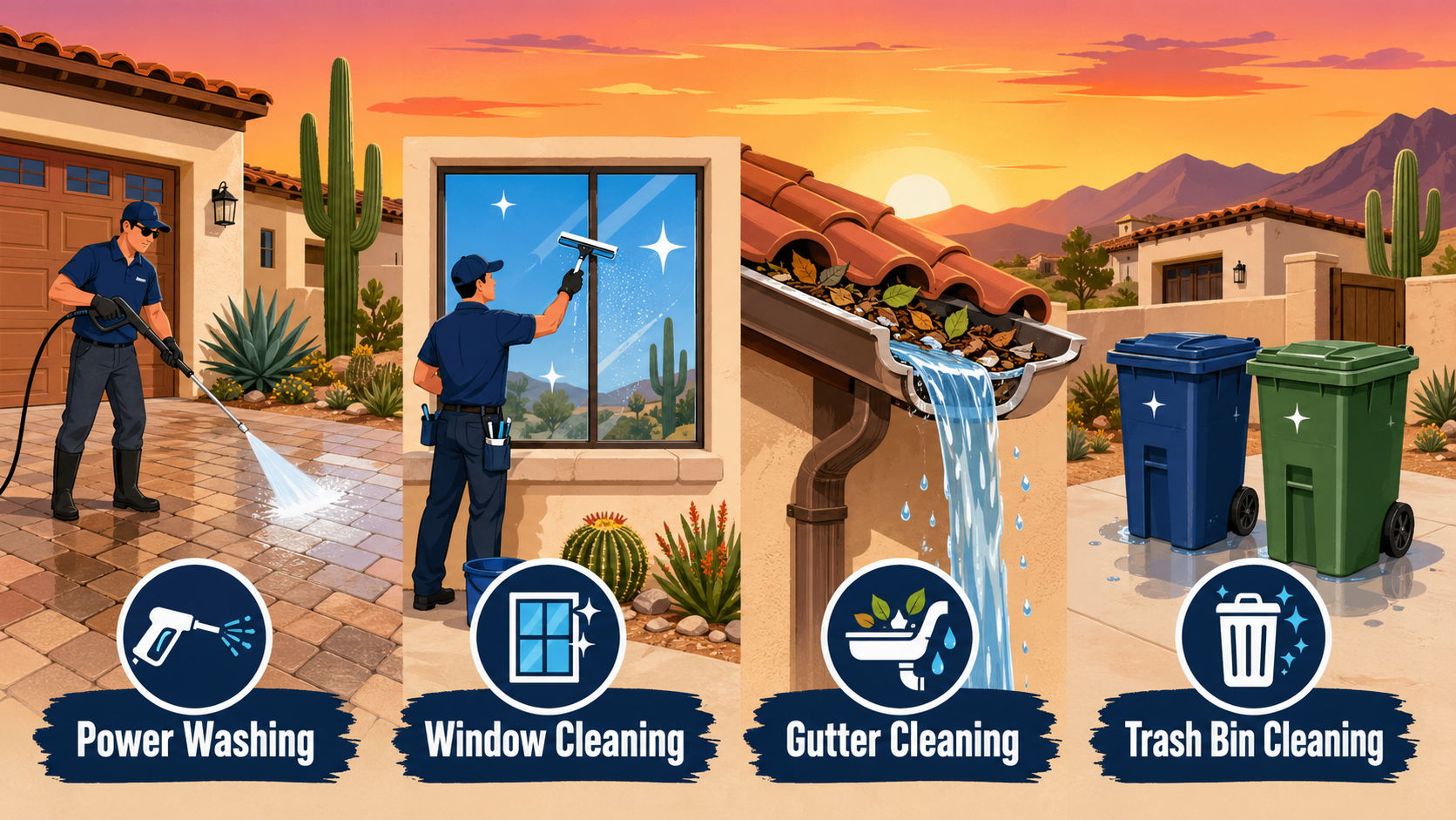 Illustration of Phoenix Exterior Services power washing, window cleaning, gutter cleaning, and trash bin sanitizing